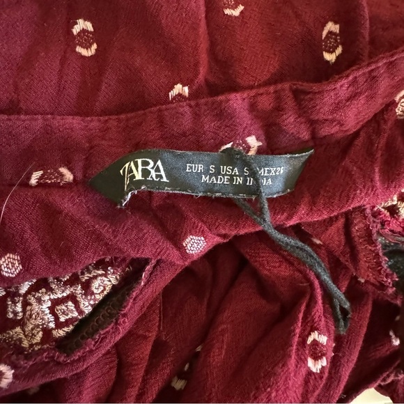 Zara Embroidered Mini Dress Balloon Sleeve V-Neck High Collar Red White Tassel - Picture 7 of 8